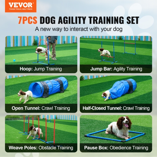 VEVOR Dog Agility Training Equipment, 7 PCS Set w/ Adjustable High Hurdles,6 Weave Poles,2 Tunnels,Jump Ring,Pause Box,Whistle,Foldable Bowl,Puppy
