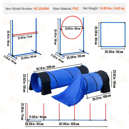 VEVOR Dog Agility Training Equipment, 7 PCS Set w/ Adjustable High Hurdles,6 Weave Poles,2 Tunnels,Jump Ring,Pause Box,Whistle,Foldable Bowl,Puppy