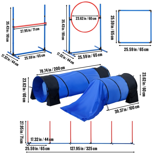 VEVOR Dog Agility Training Equipment, 7 PCS Set w/ Adjustable High Hurdles,6 Weave Poles,2 Tunnels,Jump Ring,Pause Box,Whistle,Foldable Bowl,Puppy