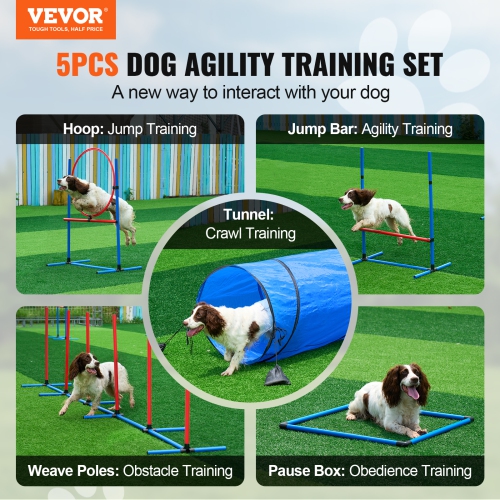 VEVOR Dog Agility Training Equipment, Obstacle Course 5 PCS Set with Adjustable High Hurdles,6 Weave Poles, Tunnel, Jump Ring, Pause Box, Whistle,