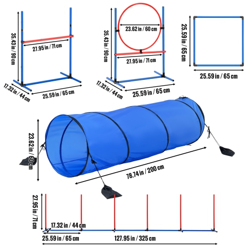 VEVOR Dog Agility Training Equipment, Obstacle Course 5 PCS Set with Adjustable High Hurdles,6 Weave Poles, Tunnel, Jump Ring, Pause Box, Whistle,