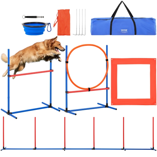 Image 1 de 9.. VEVOR Dog Agility Training Equipment, 4 PCS Set with Adjustable High Hurdles,6 Weave Poles,Jump Ring,Square Pause Box,Whistle,Foldable Bowl, Puppy