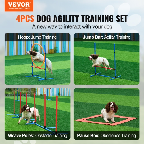 VEVOR Dog Agility Training Equipment, 4 PCS Set with Adjustable High Hurdles,6 Weave Poles,Jump Ring,Square Pause Box,Whistle,Foldable Bowl, Puppy