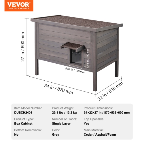 VEVOR 34"Lx22"Wx27"H Outdoor Cat House Weatherproof, Feral Cat Shelter for Multiple Cats, Outdoor Wooden Cat Rabbit House with All-Round Foam