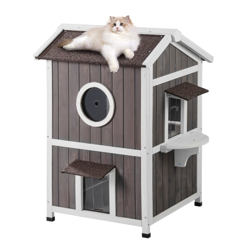 VEVOR  23"l X 26"w X 36"h Outdoor Cat House Weatherproof, Feral Cat Shelter for Multiple Cats, 2-Story Large Outdoor Wooden Cat House \w Doors, Pvc