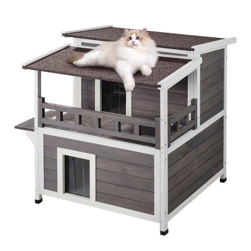 Cabane pour chats d'extérieur VEVOR, 30 larg. X 32 haut., abri pour chats multiples, grande maison pour chats en bois à 2 étages avec balcon, portes,
