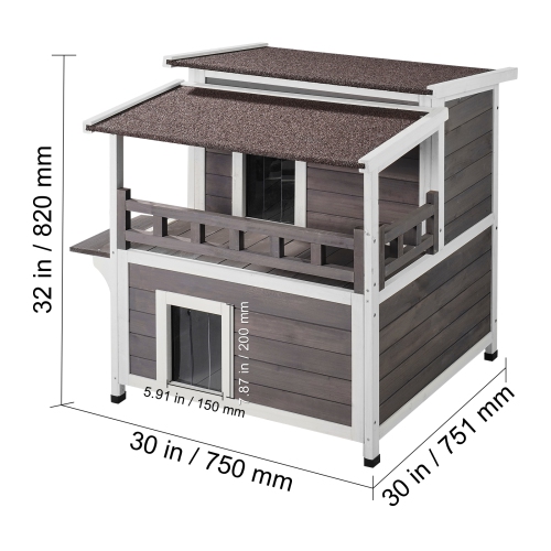 Cabane pour chats d'extérieur VEVOR, 30 larg. X 32 haut., abri pour chats multiples, grande maison pour chats en bois à 2 étages avec balcon, portes,