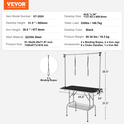 VEVOR 46'' Pet Grooming Table Two Arms with Clamp, Foldable Pets Grooming Stand for Medium and Small Dogs, Free No Sit Haunch Holder with Grooming