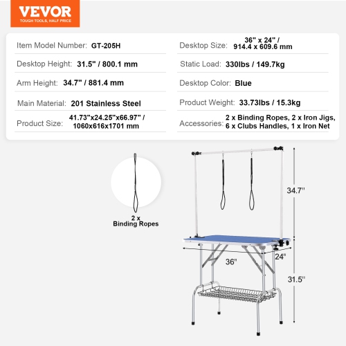VEVOR 36''x24'' Pet Grooming Table Two Arms with Clamp, Foldable Pets Grooming Stand for Medium and Small Dogs, Free No Sit Haunch Holder with