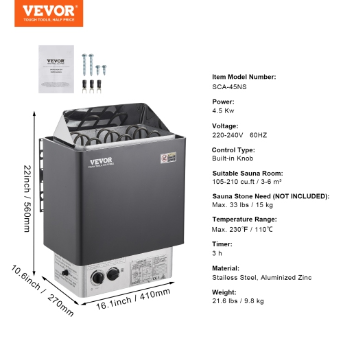VEVOR 4.5KW Sauna Heater, 220V Electric Sauna Stove, Steam Bath Sauna Heater with Built-In Controls, 3h Timer and Adjustable Temp for Max. 105-210