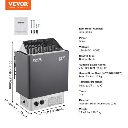 VEVOR 9KW Sauna Heater, Steam Bath Sauna Heater with Built-In Controls, Electric Sauna Stove, 3h Timer and Adjustable Temp for Max. 317-459 Cubic