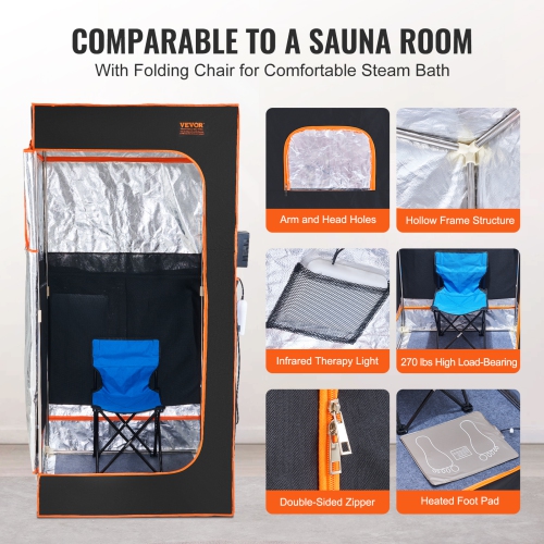 VEVOR Portable Sauna Tent, 1400W Personal Sauna Kit, Detoxify & Soothing Infrared Heated Body Therapy, Time & Temperature Remote Control with Chair &