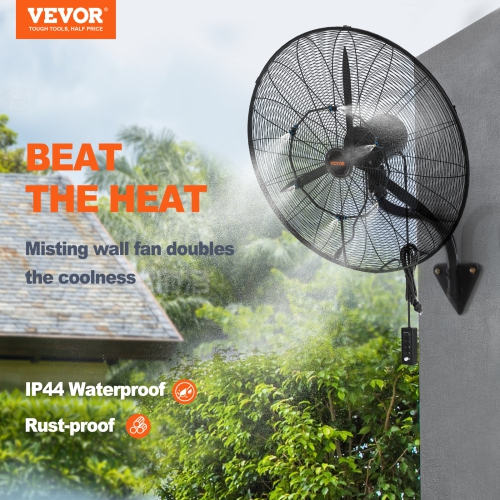 VEVOR 24 Inch Wall-Mount Misting Fan, 3-speed High Velocity Max. 7000 CFM, Waterproof Oscillating Industrial Wall Fan, Commercial or Residential for