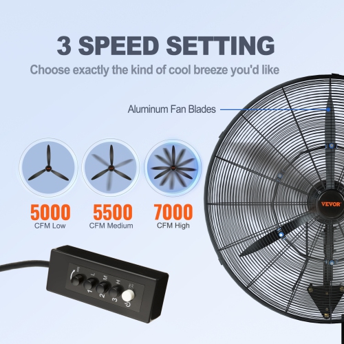 VEVOR 24 Inch Wall-Mount Misting Fan, 3-speed High Velocity Max. 7000 CFM, Waterproof Oscillating Industrial Wall Fan, Commercial or Residential for