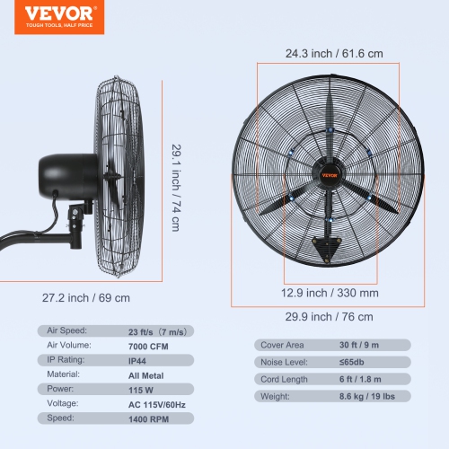VEVOR 24 Inch Wall-Mount Misting Fan, 3-speed High Velocity Max. 7000 CFM, Waterproof Oscillating Industrial Wall Fan, Commercial or Residential for
