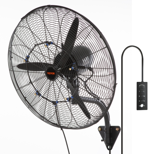 VEVOR 24 Inch Wall-Mount Misting Fan, 3-speed High Velocity Max. 7000 CFM, Waterproof Oscillating Industrial Wall Fan, Commercial or Residential for