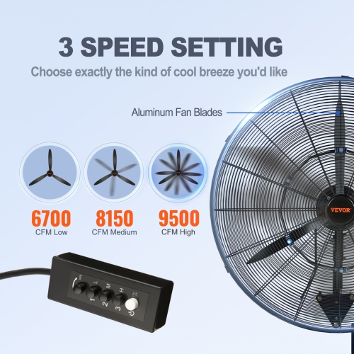 VEVOR 30 Inch Wall-Mount Misting Fan, 3-speed High Velocity Max. 9500 CFM, Waterproof Oscillating Industrial Wall Fan, Commercial or Residential for