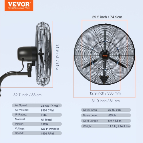 VEVOR 30 Inch Wall-Mount Misting Fan, 3-speed High Velocity Max. 9500 CFM, Waterproof Oscillating Industrial Wall Fan, Commercial or Residential for