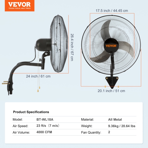 Ventilateur mural VEVOR 18 po, oscillateur 2 PCS, 3 vitesses à haute vitesse max. Ventilateur mural industriel de 4000 pi3/min pour intérieur,
