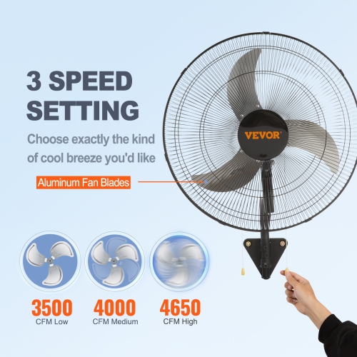VEVOR 20 Inch Wall Mount Fan, 3-speed High Velocity Max. 4650 CFM Oscillating Industrial Wall Fan, Commercial or Residential for Warehouse,