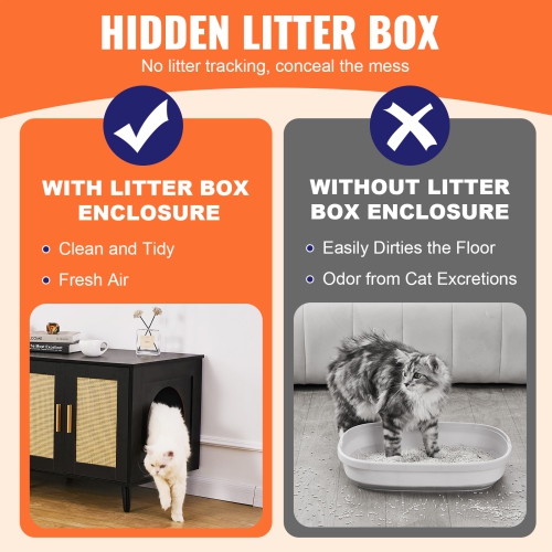 VEVOR 47.2"L x 19.7"W x 21.7"H Cat Litter Box Enclosure for 2 Cats, Litter Box Furniture Hidden with Rattan Decorated Doors, Wooden Cat Box Cabinet