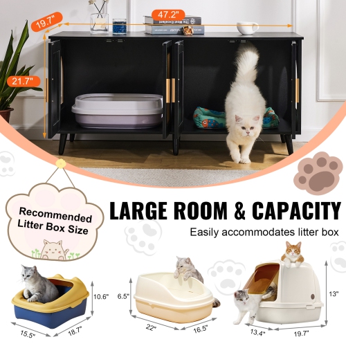 VEVOR 47.2"L x 19.7"W x 21.7"H Cat Litter Box Enclosure for 2 Cats, Litter Box Furniture Hidden with Rattan Decorated Doors, Wooden Cat Box Cabinet
