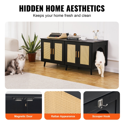 VEVOR 47.2"L x 19.7"W x 21.7"H Cat Litter Box Enclosure for 2 Cats, Litter Box Furniture Hidden with Rattan Decorated Doors, Wooden Cat Box Cabinet