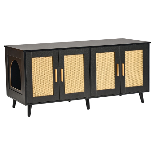 VEVOR 47.2"L x 19.7"W x 21.7"H Cat Litter Box Enclosure for 2 Cats, Litter Box Furniture Hidden with Rattan Decorated Doors, Wooden Cat Box Cabinet