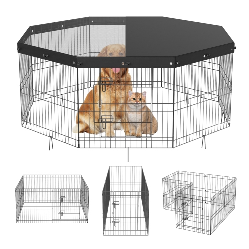 VEVOR 8 Panels Foldable Metal Dog Exercise Pen with Top Cover,24" H Pet Fence Puppy Crate Kennel with Ground Stakes, Indoor Outdoor Dog Pen for Small