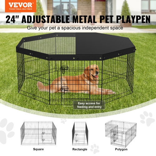 VEVOR 8 Panels Foldable Metal Dog Exercise Pen with Top Cover,24" H Pet Fence Puppy Crate Kennel with Ground Stakes, Indoor Outdoor Dog Pen for Small