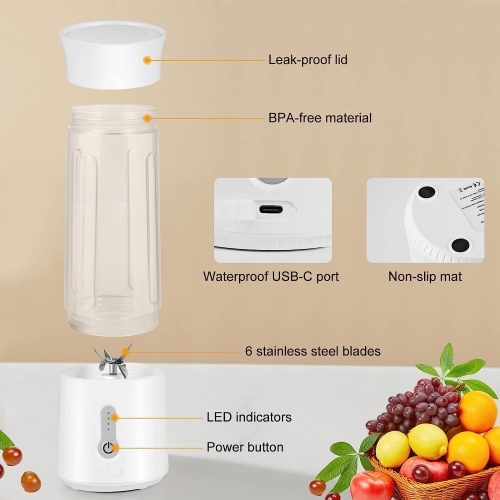 WhitePortable Personal Blender, Blender Smoothie Maker, USB Rechargeable 150W Smoothie Juicer Cup for Milkshakes and Smoothies, Sports, Travel and