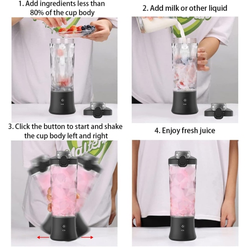 Portable Blender 600ml/20oz Personal Size Blender, USB Rechargeable Mini Blender Juicer——black