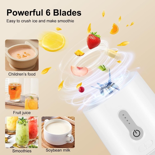 WhitePortable Personal Blender, Blender Smoothie Maker, USB Rechargeable 150W Smoothie Juicer Cup for Milkshakes and Smoothies, Sports, Travel and