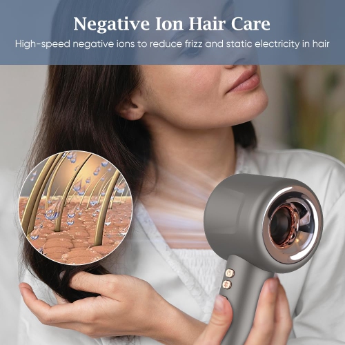 Hair Dryer - High Speed Brushless DC Motor Negative Ion Professional Hair Dryer, Fast Drying, Low Noise Electronic Temperature Control with Nozzle