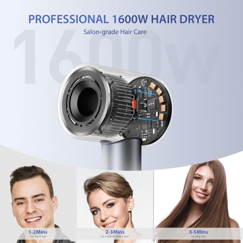 Hair Dryer, 1600W Professional High Speed Ionic Hair Dryer, LED Display, High Speed Noise Reduction Hair Dryer with Magnetic Nozzle, Great for