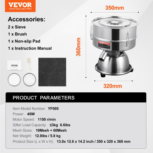 VEVOR 10+60 Mesh Automatic Electric Vibrating Sieve, Stainless Steel Machine, 45W Automatic Powder Sifter Machine Countertop, Sieve Shaker for Flour