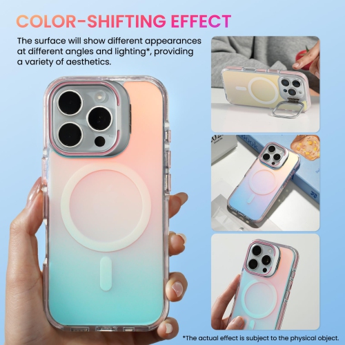 ORNARTO for iPhone 16 Pro Case, Built-in Stash Stand Phone Case Compatible with MagSafe,Holographic Iridescent Cover,Shockproof Protective Magnetic