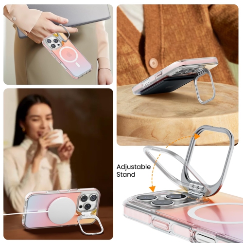 ORNARTO for iPhone 16 Pro Case, Built-in Stash Stand Phone Case Compatible with MagSafe,Holographic Iridescent Cover,Shockproof Protective Magnetic