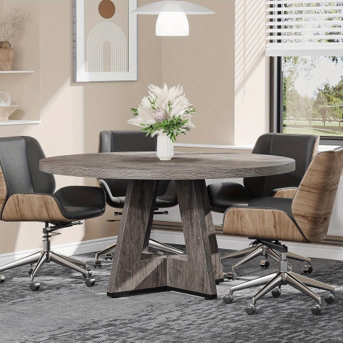 Lantine 47-Inch Round Conference Table For 4-6 People, Wooden Meeting Room Table With Thicken Tabletop And Wood Base