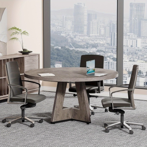 Lantine 47-Inch Round Conference Table For 4-6 People, Wooden Meeting Room Table With Thicken Tabletop And Wood Base