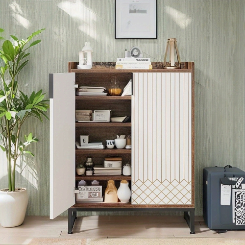 Lantine 25-Pair Modern Shoe Cabinet with Doors, 5-Tier Wood Organizer, Freestanding Brown with Black Metal Frame for Bedroom, Living Room