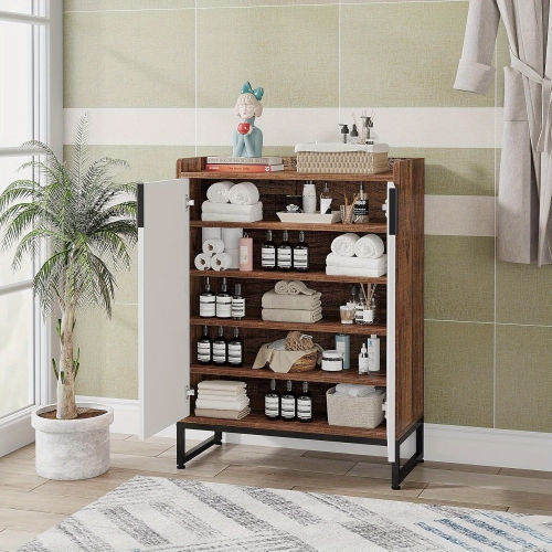 Lantine 25-Pair Modern Shoe Cabinet with Doors, 5-Tier Wood Organizer, Freestanding Brown with Black Metal Frame for Bedroom, Living Room