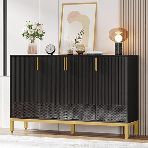 Lantine Modern Storage Cabinet,59 Inch Console Cabinet Sideboard Buffet Cabinet With 4 Doors & Gold Metal Base,Entryway Cupboard Furniture For Dining