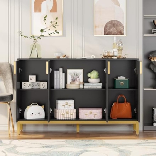 Lantine Modern Storage Cabinet,59 Inch Console Cabinet Sideboard Buffet Cabinet With 4 Doors & Gold Metal Base,Entryway Cupboard Furniture For Dining