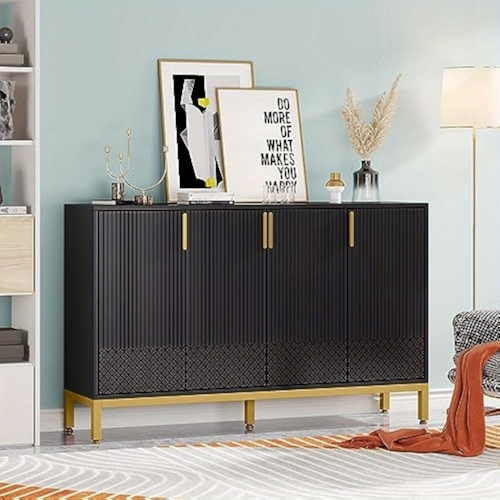 Lantine Modern Storage Cabinet,59 Inch Console Cabinet Sideboard Buffet Cabinet With 4 Doors & Gold Metal Base,Entryway Cupboard Furniture For Dining