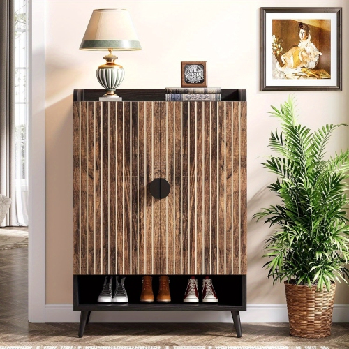 Lantine – Armoire de rangement à chaussures champêtre brun+noir rustique à 6 niveaux, grande capacité pour l'entrée, le couloir et le placard