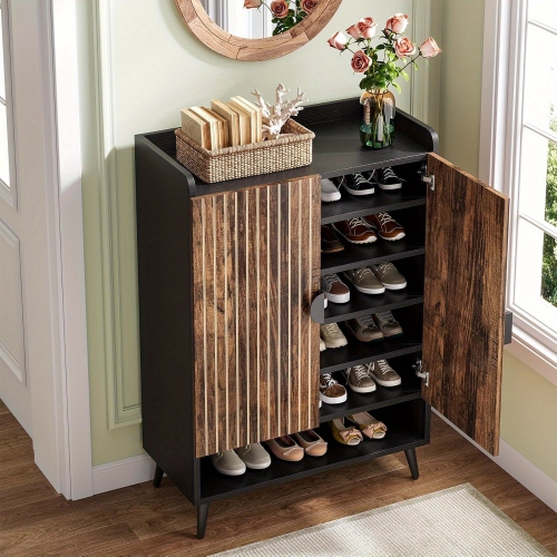 Lantine – Armoire de rangement à chaussures champêtre brun+noir rustique à 6 niveaux, grande capacité pour l'entrée, le couloir et le placard