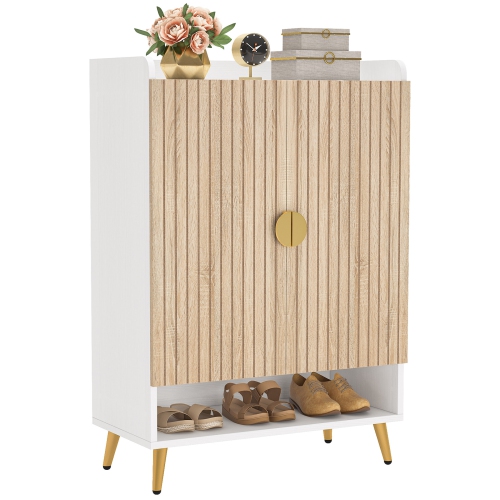 Lantine 7-Tier Wooden Shoe Storage Cabinet with Adjustable Shelves, Wood and Gold for Entryway, Hallway, Closet, Living Room