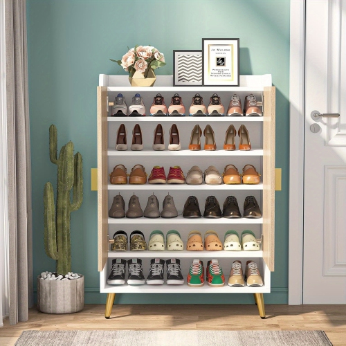 Lantine 7-Tier Wooden Shoe Storage Cabinet with Adjustable Shelves, Wood and Gold for Entryway, Hallway, Closet, Living Room
