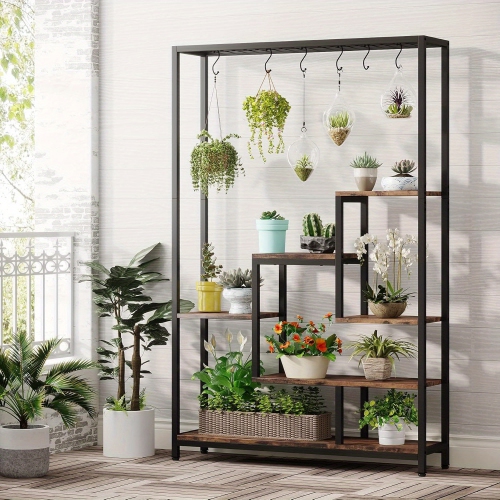 Lantine 5-Tier Tall Metal Plant Stand, 70.9 Inches, 6PC S Hooks, Multi-Purpose Flower Bonsai Display Rack for Indoor, Garden, Balcony, Living Room